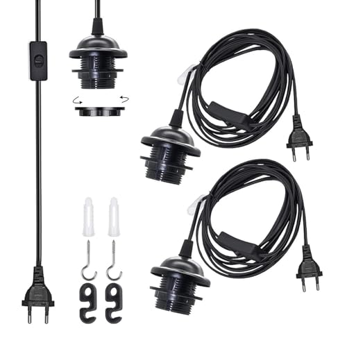 VOMI Lampenfassung E27 mit Kabel Schwarz, Lampenfassung mit Schalter E27 Lampenaufhängung DIY Hängelampe mit Stecker, 2 Stück 1,8m Lampenkabel mit Fassung E27 Pendellampe Kit für Küchen Esstisch Loft von VOMI