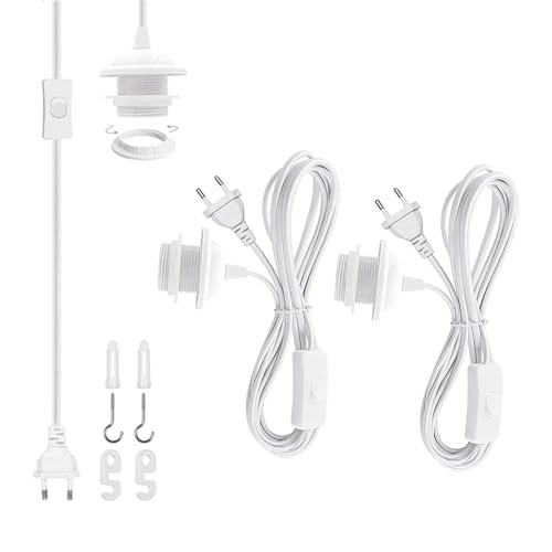 VOMI Lampenfassung E27 mit Kabel Weiß, Lampenfassung E27 Stecker mit Schalter Kabel, 2 Stück Lampenaufhängung E27 Fassung mit Kabel 1,8M Lampenkabel Pendelleuchte Kit für DIY Lampenprojekte von VOMI