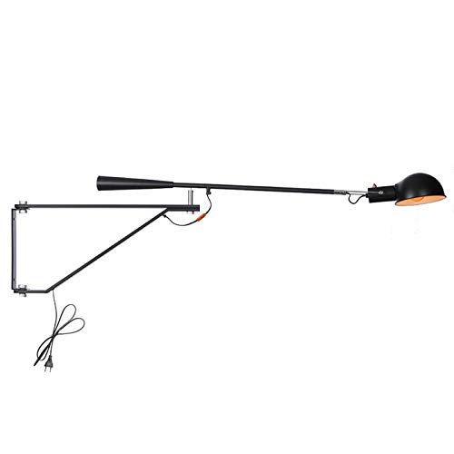 VOMI Langer Arm Wandleuchte Mit Schalter und Stecker E27 Vintage Innen Wandlampe Retro Industriell Metall Schwinge Einstellbar Leselicht für Wohnzimmer Schlafzimmer Studie,Schwarz von VOMI