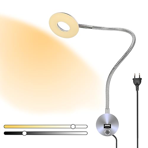 VOMI Leselampe Wand mit Schalter und Stecker, Touch Dimmbare Wandleuchte Bett mit USB-Ladeanschluss, Flexible Schwanenhals Nachttischlampe Drehbar 360°, LED Kopfteil Lampe für Schlafzimmer von VOMI