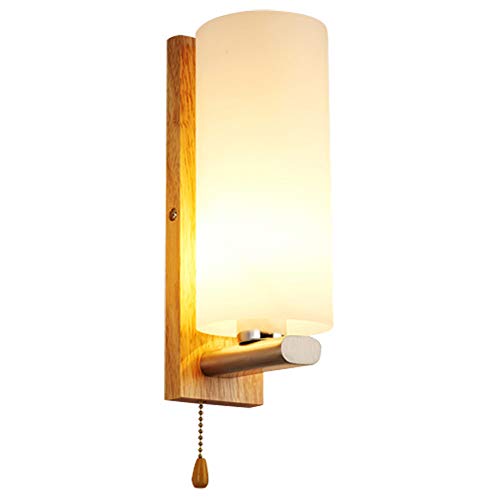 VOMI Modern Wandleuchte mit Zugschalter Glas Lampeschirm Wandlampe mit Schalte Holz Wand Lampe Bettleuchte E27 Rund Leselampe Innen Beleuchtung Wohnzimmerlampe Flur Schlafzimmer Leuchten von VOMI