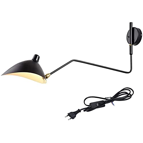 VOMI Vintage Industrielampe Schwenkarm Wandlampe Einstellbar Langer Arm Wandleuchte Innen, Schlafzimmer Nachttischlampe E27 Fassung Metall Lampenschirm Schwarz Retro Wandbeleuchtung von VOMI