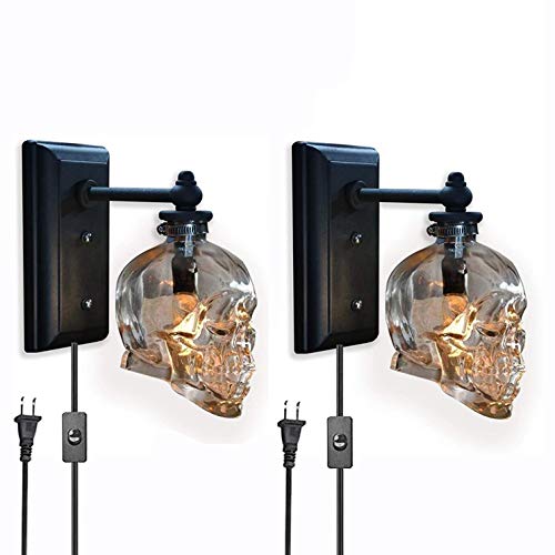 VOMI Vintage Totenkopf Lampe Bones Wandlampe mit Schalter und Stecker Innen LED Schädel Wandleuchte Transparent Glas Schatten E14 Wandlampen Bar Party Retro Industrie Dekorative Beleuchtung, 2 Stück von VOMI