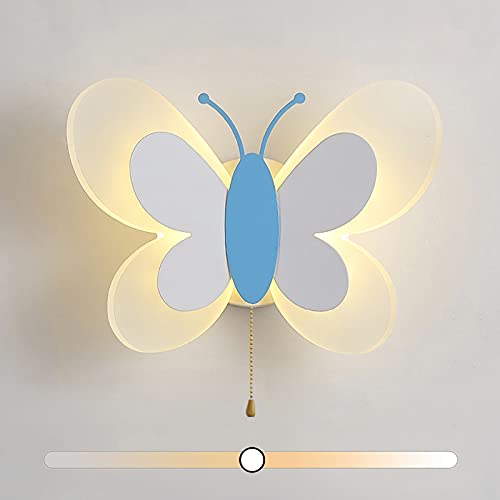 VOMI Wandlampe mit Schalter für Kinder, Wandleuchte mit Zugschalter Dimmbar LED Bettseite Nachtlicht Schmetterlingsform Karikatur Wandstrahler Wanddekoration für Schlafzimmer Loft Wohnzimmer,Blau von VOMI