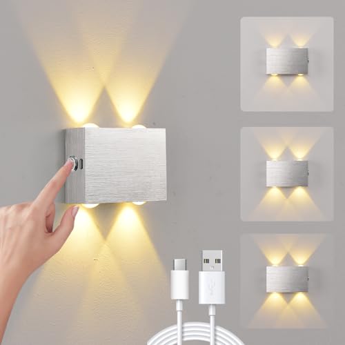 VOMI Wandleuchte Ohne Stromanschluss Silber, LED Akku Wandlampe Batteriebetrieben 4000mAh Up and Down Leuchten Innen Kabellos Aufladbare Wandbeleuchtung, Touch Control Helligkeitsstufen, 4W Warmweiß von VOMI