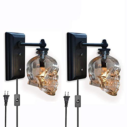 VOMI Vintage Totenkopf Lampe Bones Wandlampe mit Schalter und Stecker Innen LED Schädel Wandleuchte Transparent Glas Schatten E14 Wandlampen Bar Party Retro Industrie Dekorative Beleuchtung, 2 Stück von VOMI