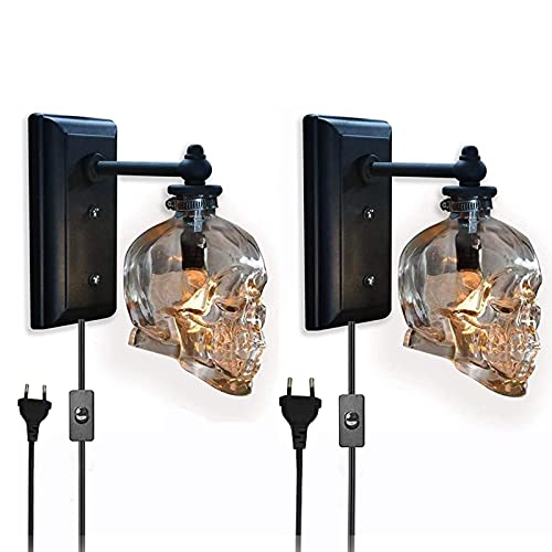 Wandlampe Innen mit Schalter und Stecker, Retro Totenkopf Lampe E14 Wandleuchte LED Schädel Deko Glasschirm Wandbeleuchtung Landhaus Wohnzimmer Schlafzimmer Esszimmer Flur Treppenhaus Hotel, 2 Pack von VOMI