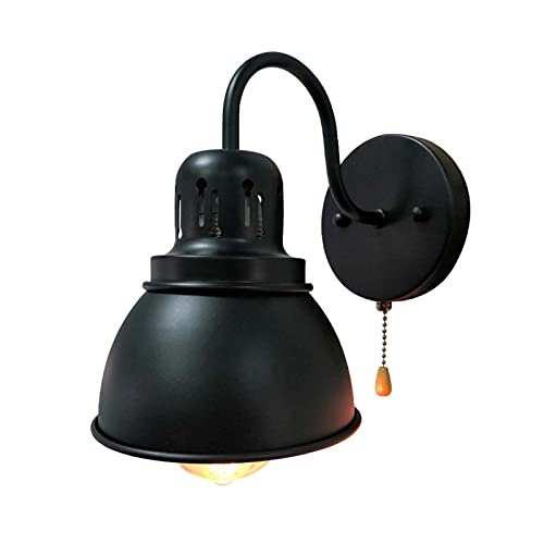 Wandleuchte Innen mit Schalter, Zugschalter Wandlampe aus Metall in Schwarz, 1-Flammig E27-Fassung Wandbeleuchtung im Retro/Vintage-Design für Schlafzimmer Wohnzimmer Esszimmer Flur Treppenhaus Loft von VOMI