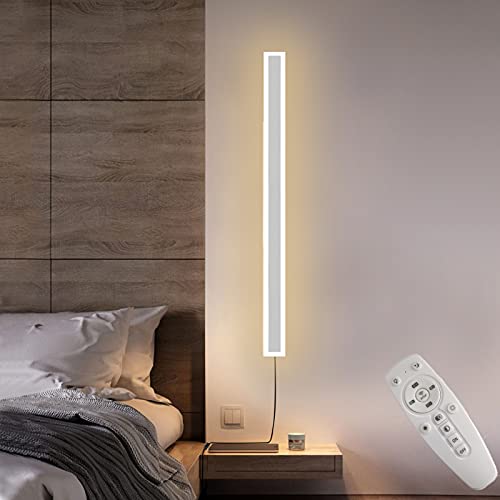 Weiß Wandlampe Innen mit Schalter LED Dimmbar Schlafzimmer Wandleuchte mit Fernbedienung, Modern Lang Lichtleiste Up and Down Gang Wandbeleuchtung mit Schalter und Steckkabel, 2700-6500K,60cm 36w von VOMI