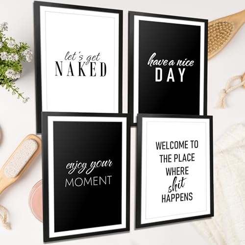 VON STEINEICH® Badezimmer Deko Bilder [Schwarz Weiß] Moderne Wandbilder in DIN A4 für Bad & Gäste WC - Wunderschöne Wanddeko passend zu Aesthetic Stil & Boho Deko (4er Poster Set ohne Bilderrahmen) von VON STEINEICH