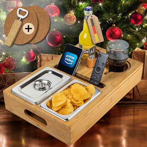 VON STEINEICH® Couchbar - das Sofatablett mit Snackbox | Couch Bar [Holz] mit Edelstahl Fächern für Getränke & Snacks | Couch Bar & Sofa Tablett ideal als Candy Bar oder als Geschenke für Männer von VON STEINEICH