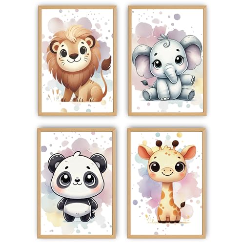 VON STEINEICH® Deko Bilder Set Kinderzimmer – Liebevolle Wandbilder [DIN A4] Perfekte Deko für Jungszimmer, Mädchenzimmer & Babyzimmer im Safari Tiere Design (4er Set ohne Bilderrahmen) von VON STEINEICH