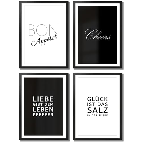 VON STEINEICH® Küche Bilder Set [Schwarz Weiß] – Moderne Wandbilder in DIN A4 als Küchendeko oder Deko Wand im Esszimmer - Küchenbilder passend zu Aesthetic & Boho (4er Poster Set ohne Bilderrahmen) von VON STEINEICH