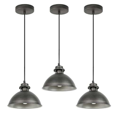 VONCI Industrielle Silber Grau Scheune 1-Licht E27 Hängelampe Retro Gebürstete Nickel Metall Ø23cm Kuppel Pendelleuchte Hängeleuchten für Kücheninsel Spülbecken Wohnzimmer Foyer Garage Bar (3 Pack) von VONCI