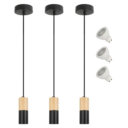 VONCI 3 Pack Moderne Pendelleuchte Bauernhaus Schwarz Metall Holz Pendellampe Vintage Zylinder Hängelampe Hängeleuchte für Kücheninsel Wohnzimmer Schlafzimmer Flur (3×GU10 Glühbirnen Enthalten) von VONCI