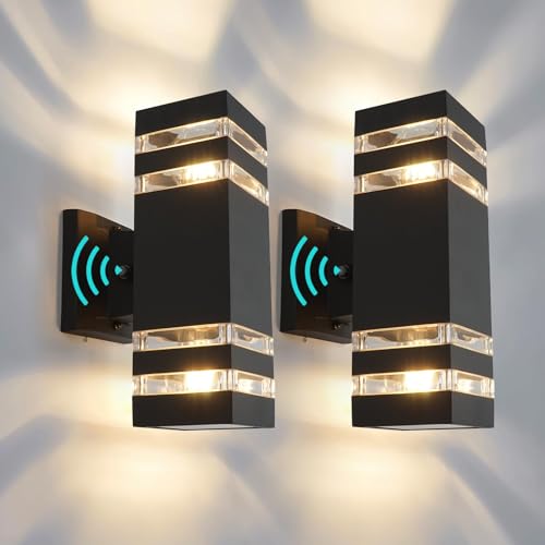 VONCI UP&DOWN E27 Aussenwandlampe mit Dämmerungsschalter Lichtsensor Schwarz Aluminium IP54 Wasserdichte Außen Wandleuchte mit Dämmerungssensor für Villa Haustür Garden Flur Treppe Terrasse (2 Pack) von VONCI