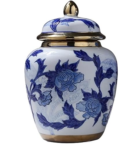 Ingwerglas Vase Deko Ingwergläser Ingwerglas-Vasen Aus Keramik Mit Goldbesatz, Blumenvase Aus Blauem Und Weißem Porzellan, Chinoiserie-Tempelglas Mit Deckel Ingwer Glas Vorratsglas (Color : B, Size von VONGAZ