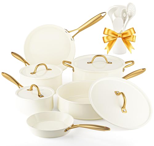 VONIKI Keramik-Kochgeschirr-Set mit Kochutensilien-Set, ungiftiges Küchen-Kochgeschirr-Set, Dutch Oven Topf mit Deckel, Kochtopf-Set, Schmorpfanne, Bratpfannen-Set zum Kochen von Geschenken von VONIKI