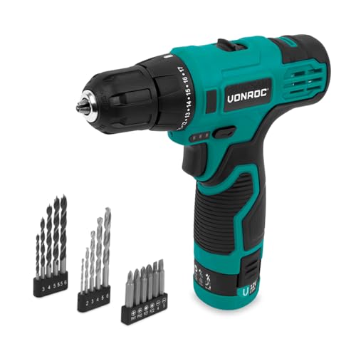 VONROC Akku-Bohrschrauber 12 V – Akku, USB-Kabel und Bohrer-Set und Bit-Set, 16-teilig von VONROC