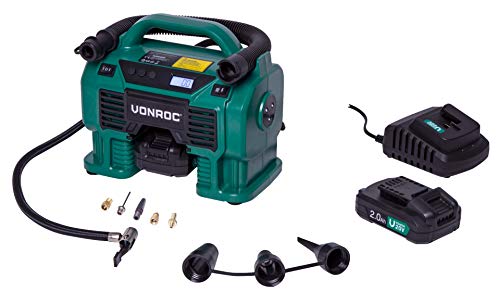 VONROC Akku-Kompressor VPower 20V - 20V Akku und 12V Zigarettenanzünder-Stecker – Befüll- und Entleerungsfunktion - Max. Arbeitsdruck 11 bar - Inkl. 8-teiligem Zubehör - Inkl. 2 Akkus und Ladegerät von VONROC