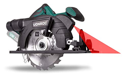 VONROC Handkreissäge Akku 20V - Akku Kreissäge 150mm, Säge inkl. Laserführung & Staubabsaugung - Ohne Akku und Ladegerät - inkl. 2 Sägeblätter von VONROC