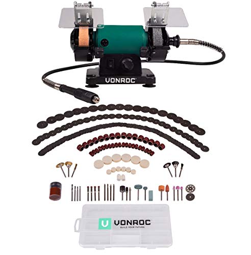 VONROC Doppelschleifer Doppelschleifmaschine 150W /75MM Welle - Schleifmaschine inkl. Schleifstein & Poliermscheibe - Schleifbock mit variable Geschwindigkeit - Komplett Set von VONROC