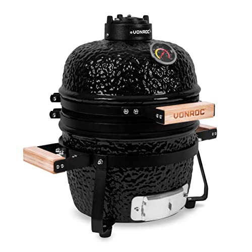 VONROC Kamado-Grill 13 Zoll - Ø27cm Zubereitungsfläche - Holzkohlegrill - Keramik - Tischmodell - Inklusive Ständer, Thermometer, Tellereinsatz & Regenhaube von VONROC