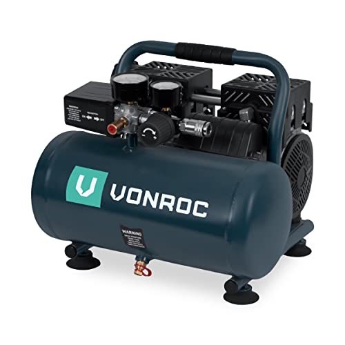 VONROC Leiser Luftkompressor – Ölfrei – 750 W – 1 PS – 128 l/min. - 6-Liter-Tank – 8 bar – 57,5 dB(A) – Leise – Geräuscharm - Grau von VONROC
