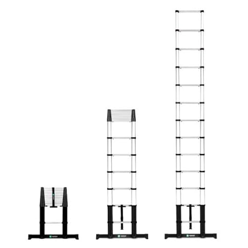 VONROC Profi Teleskopleiter 3,8m 2023, Leiter ausziehbar, Aluleiter klappbar - Ausziehbare Leiter aus Aluminium - Extra leicht, Anti-rutsch, Stabilisatoren und Softclose - EN 131-6 konform von VONROC