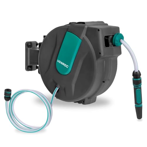 VONROC Schlauchtrommel Gartenschlauch als Schlauchaufroller 25 Meter - Wasserschlauch 180° drehbar als Schlauchbox inkl. Schlauchhalter Wand & Einzugautomatik - Grün von VONROC