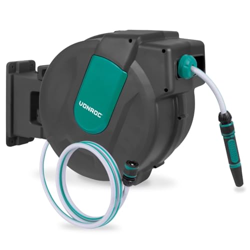 VONROC Schlauchtrommel Gartenschlauch als Schlauchaufroller 35 Meter - Wasserschlauch 180° drehbar als Schlauchbox inkl. Schlauchhalter Wand & Einzugautomatik - Grün von VONROC