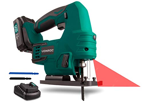 VONROC Stichsäge Akku 20V- Pendelhubstichsäge mit variablem Schnittwinkel & Geschwindigkeit - mit 2Ah Akku & Ladegerät- inkl. 2 Sägeblätter von VONROC