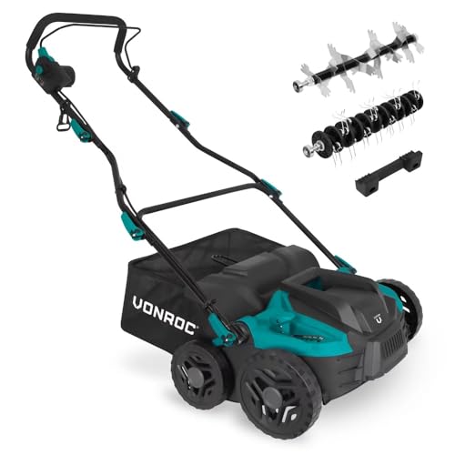 VONROC Vertikutierer Elektro - Rasenbelüfter 1500W - Einstellbare Schnitttiefe, Klappbar, 36CM inklusive 45 Liter Fangkorb von VONROC