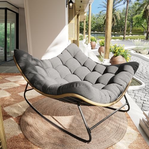 VONZOY Outdoor Schaukelstuhl, Indoor Papasan Stuhl, Übergroßer Ei Schaukelstuhl mit dickem Kissen, Rattan Wicker Rocker Lounge Chair für Schlafzimmer, Wohnzimmer, Terrasse, Garten, Veranda (Dunkelgrau von VONZOY