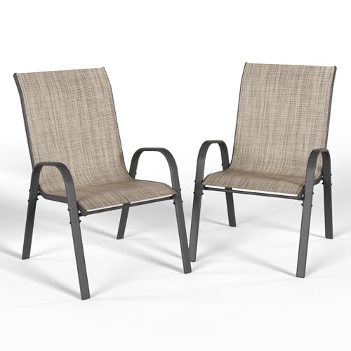 VONZOY Terrassen-Esszimmerstühle, 2er-Set, hohe Stapelstühle für den Außenbereich, atmungsaktiver Sitzstoff und Rahmen aus legiertem Stahl, für Hinterhof, Veranda, Garten, Sonnenraum (Braun) von VONZOY