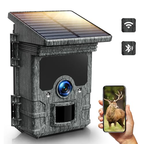VOOPEAK Wildkamera Solar 4K 46MP, Wildkamera WLAN BluetoothJagdkamera, Wildkamera mit Bewegungsmelder Nachtsicht Handyübertragung 36LED IR 120° Weitwinkel IP66 wasserdichte für Wildtier Überwachung von VOOPEAK