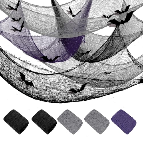 5 Stück 183 x 76 cm Halloween Gaze Stoff Deko gruselig käsetuch passiertuch Cheesecloth mit 12 3D Fledermäuse, Halloween türdeko und Party Decoration Innen Außen von VOPIWOZ