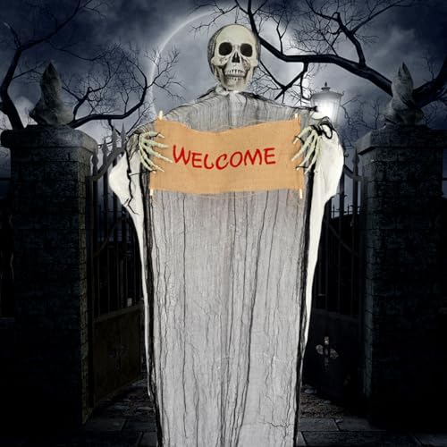 VOPIWOZ 150cm Aufhängbar Halloween Skelett Deko Mit dem Welcome in der Hand Spooky Scary Skeletons Geeignet für Halloween Deko Outdoor Easy to Create a Scary Atmosphere VOPIWOZ 150cm Aufhängbar Halloween Skelett Deko Mit dem Welcome in der Hand Spooky Scary Skeletons Geeignet für Halloween Deko Outdoor Easy to Create a Scary Atmosphere von VOPIWOZ