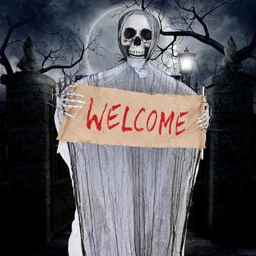 VOPIWOZ 150cm Aufhängbar Halloween Skelett Deko Mit dem Welcome in der Hand Spooky Scary Skeletons Geeignet für Halloween Deko Outdoor Easy to Create a Scary Atmosphere VOPIWOZ 150cm Aufhängbar Halloween Skelett Deko Mit dem Welcome in der Hand Spooky Scary Skeletons Geeignet für Halloween Deko Outdoor Easy to Create a Scary Atmosphere von VOPIWOZ