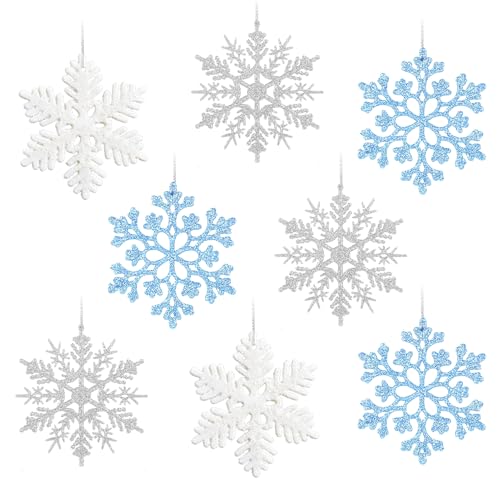 VOPIWOZ 24 Schneeflocken Weihnachtsbaum Deko, Glitzer Schneeflocken Mit Weihnachtsseil, Blau Silber und Weiß Schneeflocken Deko Hängend, Geeignet für Christbaumschmuck Winterdeko Hochzeitsdekoration VOPIWOZ 24 Schneeflocken Weihnachtsbaum Deko, Glitzer Schneeflocken Mit Weihnachtsseil, Blau Silber und Weiß Schneeflocken Deko Hängend, Geeignet für Christbaumschmuck Winterdeko Hochzeitsdekoration von VOPIWOZ