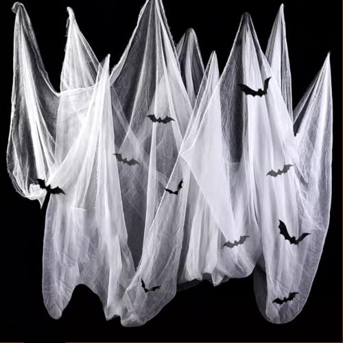 VOPIWOZ 85'' X 197'' Halloween Gruseliges Stoff Horror Gothic Deko Weiß Halloween Tischdeko Musselin Tuch Für Halloween Party Innen AußEn Gruselhäuser Türen Mit 12 3D Fledermaus Sticker(Weiß) von VOPIWOZ