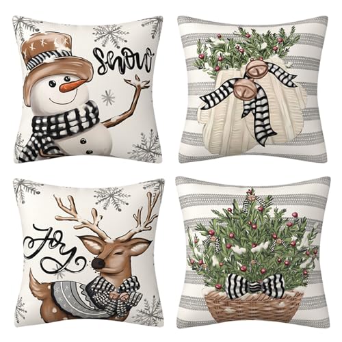 VOPIWOZ Kissenbezug Weihnachten Set, 4 STK Weihnachtskissenbezug 45x45, Grauer Weißer Schneemann Rentier Kissen Weihnachten, Ideal Weihnachtsdeko, für Weihnachtskissen Outdoor und Winterkissen von VOPIWOZ