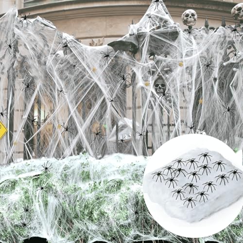 VOPIWOZ Spinnennetz Halloween Deko, 300g Halloween Spinnennetz 64 Spinne Halloween Deko Garten, 1200 Quadratmeter Spinnweben Horror Deko Geeignet für Halloween, Karneval von VOPIWOZ