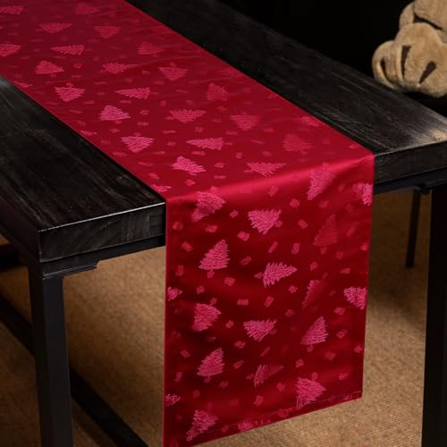 VOPIWOZ Tischläufer Weihnachten Rot Modern, Tischdecke Weihnachten mit Mini Weihnachtsbaum Muster, Wasserfeste Weihnachtstischläufer, Ideale Tischdeko Weihnachten (185 * 35 cm) von VOPIWOZ