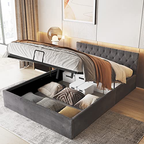 VORAE Bett mit Bettkasten Samt-Stoff Polsterbett Lattenrost Doppelbett Stauraum Holzfuß, Grau, 140 x 200 cm von VORAE