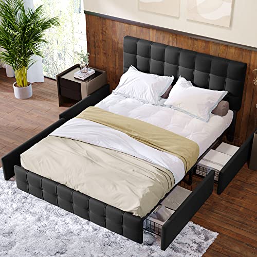 VORAE Polsterbett 140 x 200 cm Bett mit 4 Schubladen, Leinenmaterial Doppelbett mit Metall Lattenrost, Höhenverstellbares Kopfteil & quadratisches Nähdesign (Schwarz) von VORAE