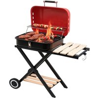 Mobiler Holzkohlegrill klappbar bbq Grillwagen mit Deckel, verchromtem Grillrost & Warmhalterost Campinggrill mit Holzablagen & Rollen Kompakter von VOREL