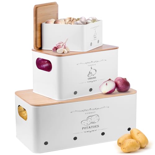 VORHOT Kartoffel Aufbewahrungsbox, 3er Set Zwiebel Kartoffel Knoblauch Aufbewahrung, Kartoffelbox mit Deckel aus Bambus, Weiß VORHOT Kartoffel Aufbewahrungsbox, 3er Set Zwiebel Kartoffel Knoblauch Aufbewahrung, Kartoffelbox mit Deckel aus Bambus, Weiß von VORHOT