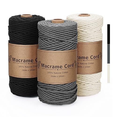 VORHOT Makramee Garn 3mm x100m, Makramee Garn Set Grau Beige Schwarz, Makramee Baumwollgarn 3mm, Baumwollkordel Natur 3mm, Baumwoll Bastelschnur für Basteln Stricken Boho Deko Wandbehang Dekoration von VORHOT