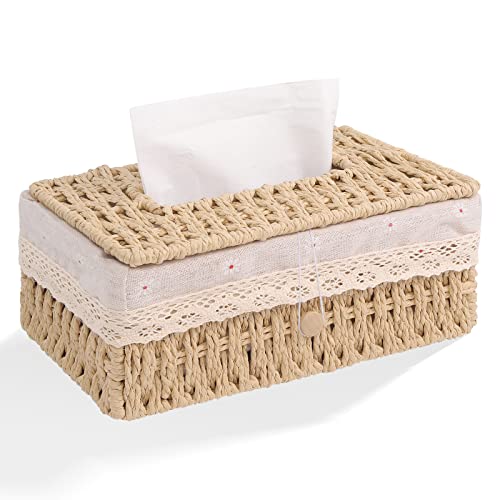 VORHOT Taschentücher Box aus Papierseil, Taschentuchbox Taschentuchspender mit Futter, Kosmetiktücher Box Organizer Boho Deko, Tissue Aufbewahrungsbox für Esszimmer Badezimmer Auto Büro, 24x14x10cm von VORHOT